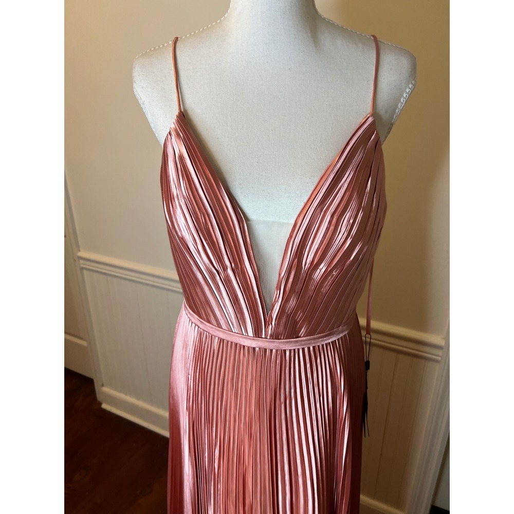 Mac Duggal 20309 Pleated Satin‎ Gown Rose Gold V-Neck Formal Dress Prom Pink 8 - Picture 6 of 16